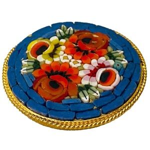 Vintage Italy Micro Mosaic Flowers Blue Red Gold Tone ROUND Brooch Pin ~1 3/8"